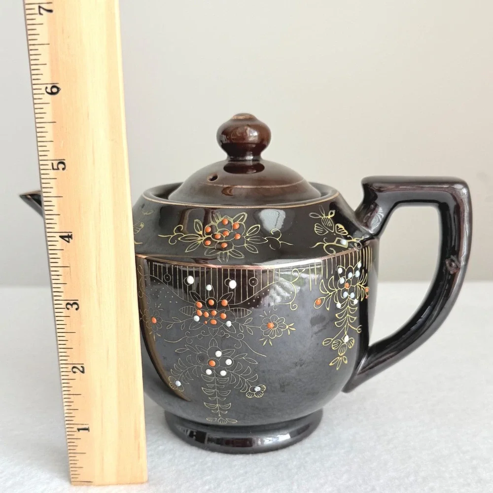 Japan Teapot Vintage Dark Brown Moriage Floral Gold Gilt Ceramic 5.5in 1940s